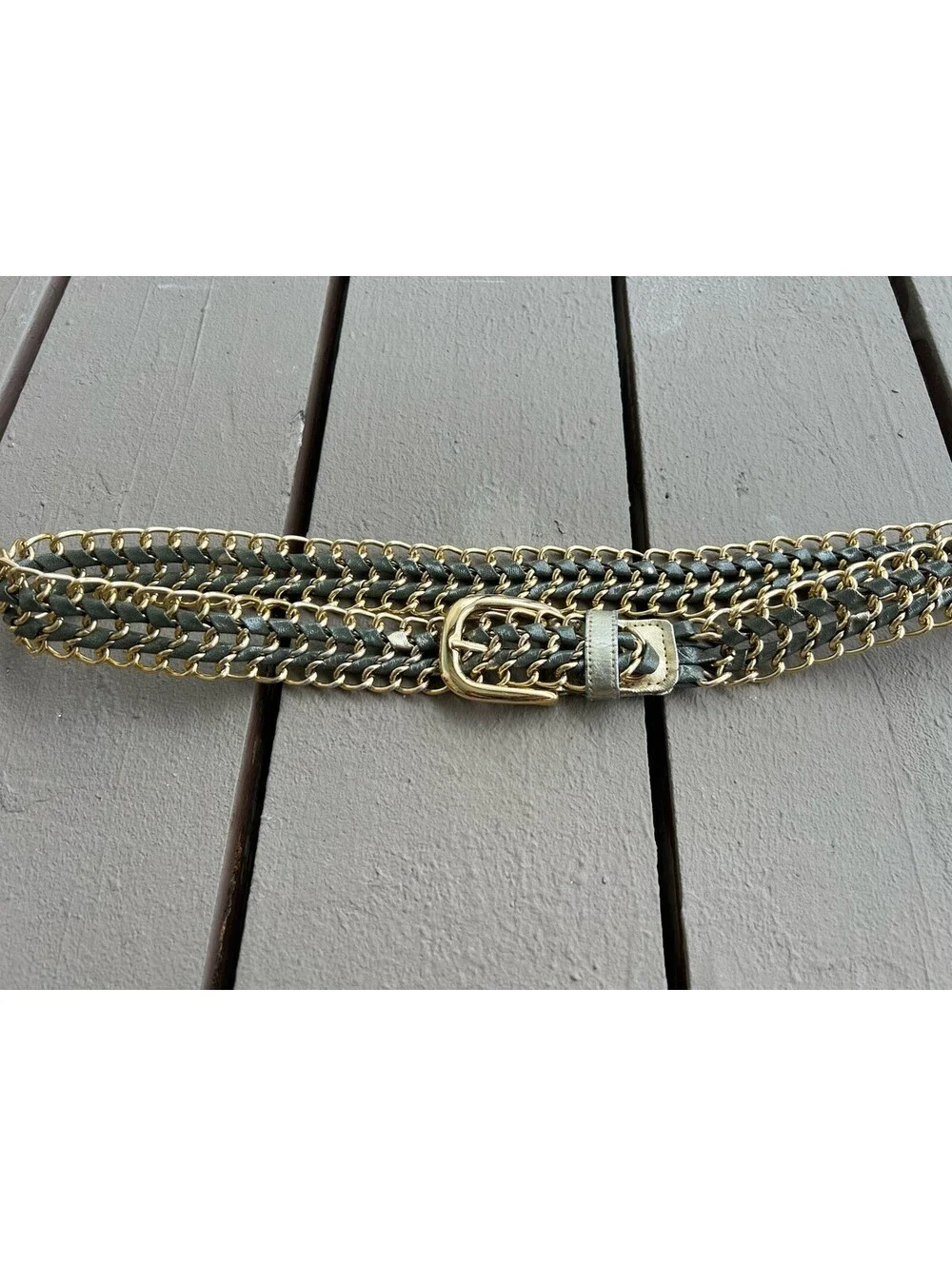 Retro Metallic Gold Green Woven Mesh Chain Belt Braided Crochet Size S/ M.